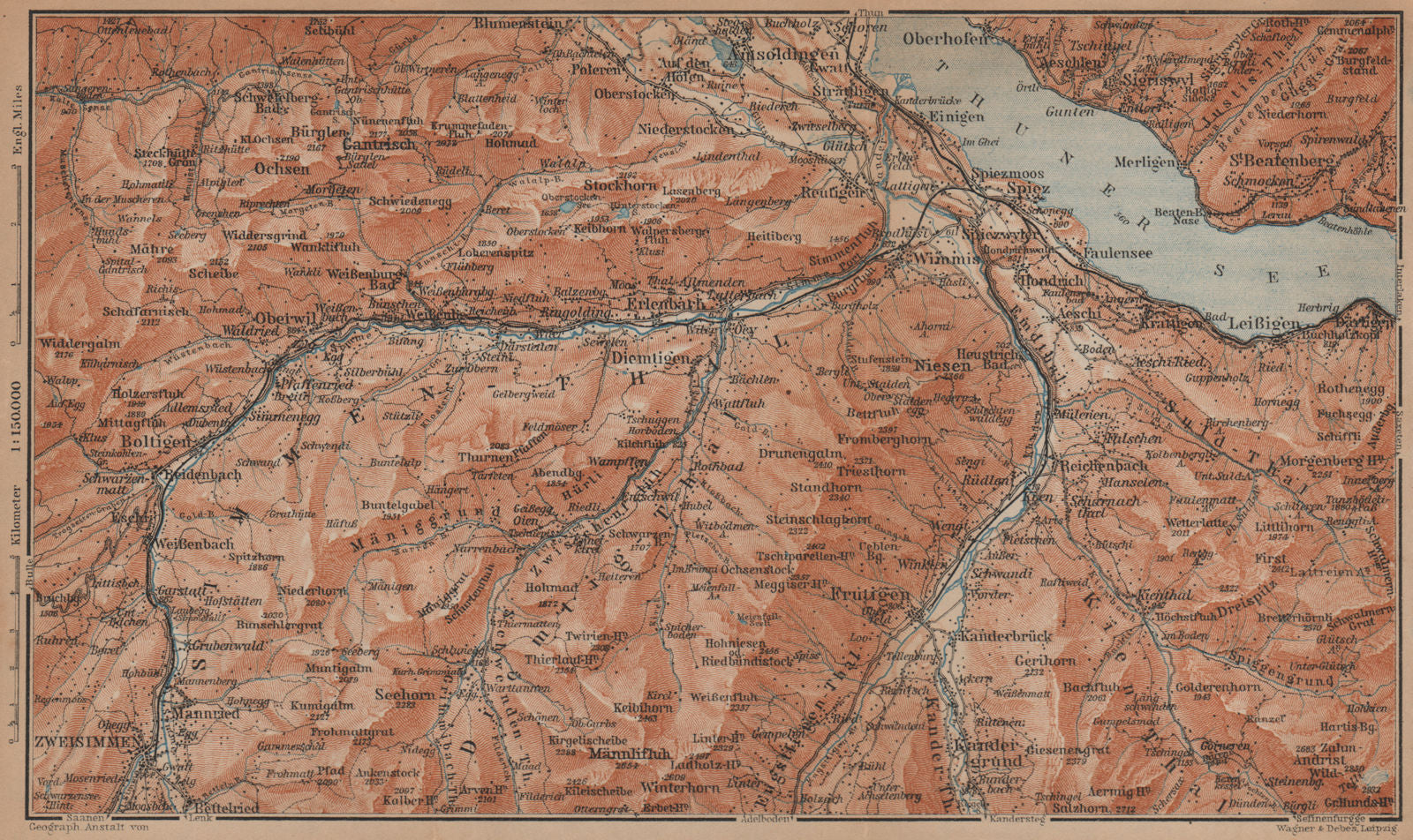 THUNER SEE. SIMME/KANDER VALLEYS. Gantrisch Spiez Frutigen Oberwil 1901 map